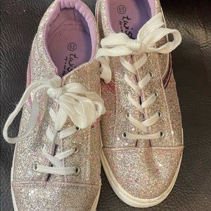 Sparkly silver shoes with pink accents gently used